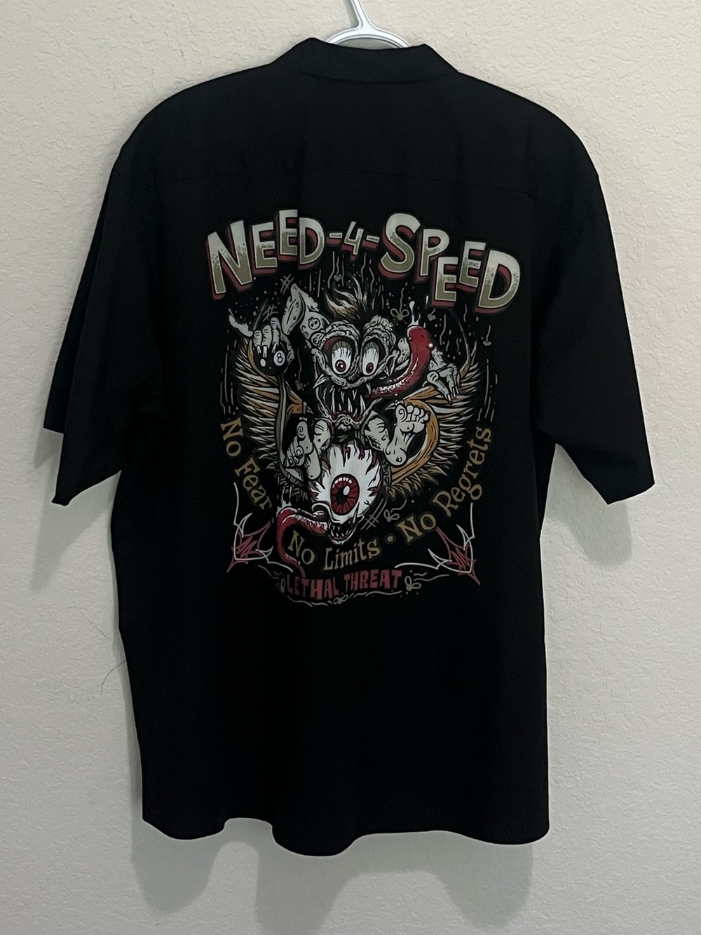 Lethal Threat Button Up Work Shirt Men's Size 2XL Black Short Sleeve Monster